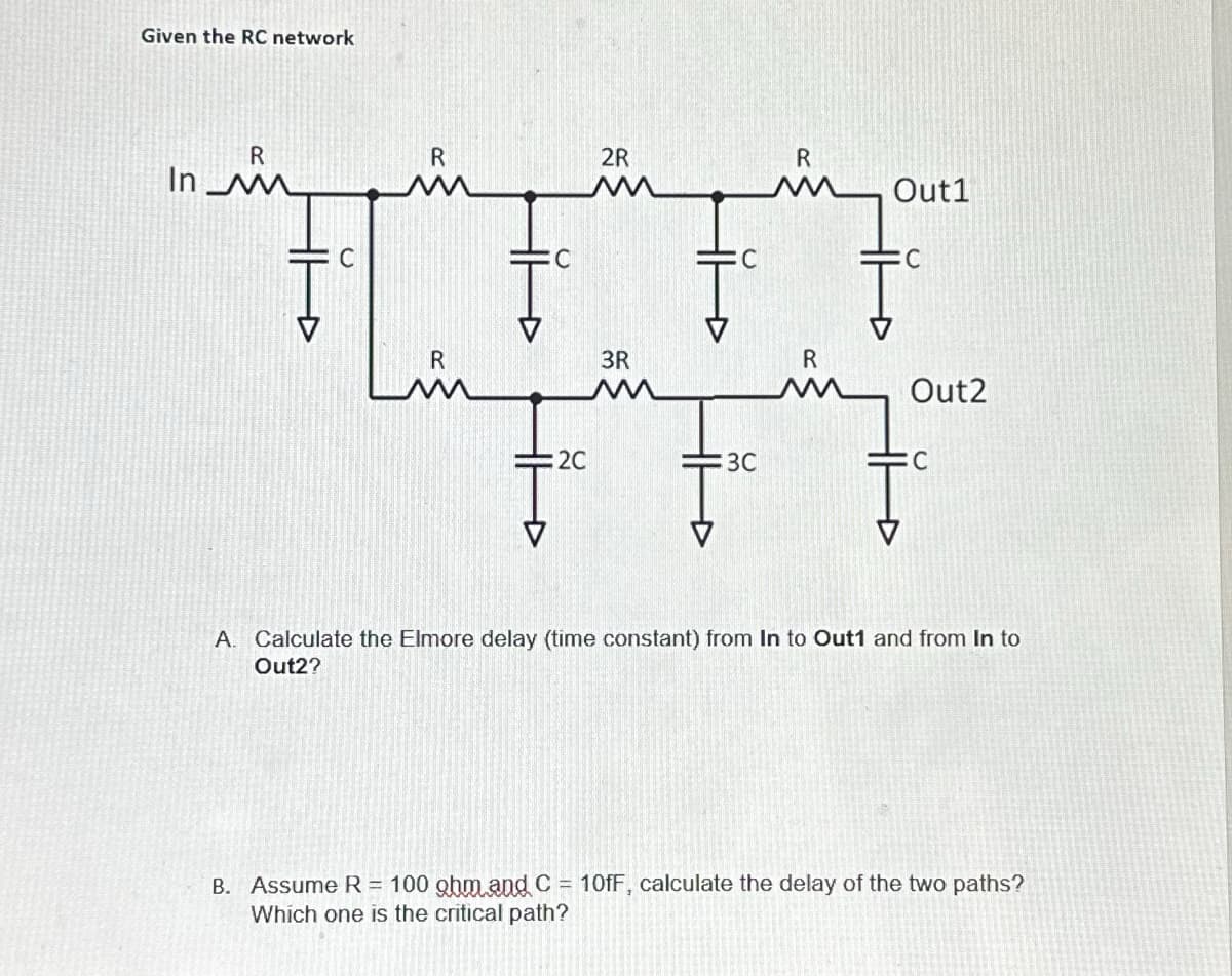 Given the RC network
In
R
my
C
R
R
C
20
2R
3R
C
3C
R
Out1
I
R
my
C
Out2
C
A. Calculate the Elmore delay (time constant) from In to Out1 and from In to
Out2?
B. Assume R = 100 ohm and C= 10fF, calculate the delay of the two paths?
Which one is the critical path?