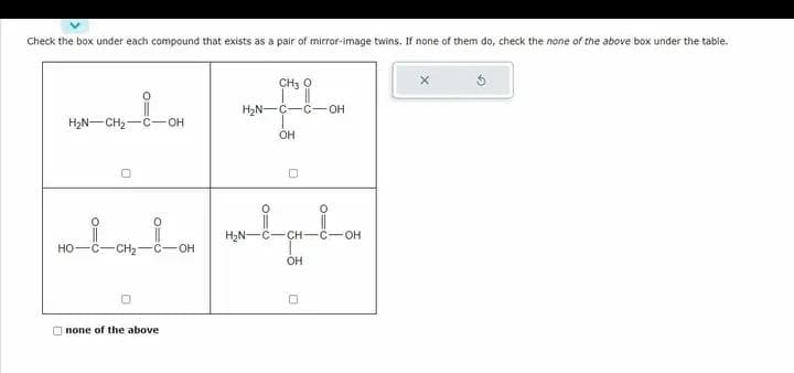 Check the box under each compound that exists as a pair of mirror-image twins. If none of them do, check the none of the above box under the table.
H₂N-CH₂1 C-OH
0
O=
_i_
HỌC CH
0
none of the above
OH
CH3 O
H₂N-C-C-OH
OH
H₂N-C
0
CH-C-OH
OH
0