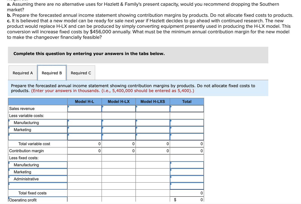 a. Assuming there are no alternative uses for Hazlett & Family's present capacity, would you recommend dropping the Southern
market?
b. Prepare the forecasted annual income statement showing contribution margins by products. Do not allocate fixed costs to products.
c. It is believed that a new model can be ready for sale next year if Hazlett decides to go ahead with continued research. The new
product would replace H-LX and can be produced by simply converting equipment presently used in producing the H-LX model. This
conversion will increase fixed costs by $456,000 annually. What must be the minimum annual contribution margin for the new model
to make the changeover financially feasible?
Complete this question by entering your answers in the tabs below.
Required A Required B Required C
Prepare the forecasted annual income statement showing contribution margins by products. Do not allocate fixed costs to
products. (Enter your answers in thousands. (i.e., 5,400,000 should be entered as 5,400).)
Sales revenue
Less variable costs:
Manufacturing
Marketing
Total variable cost
Contribution margin
Less fixed costs:
Manufacturing
Marketing
Administrative
Total fixed costs
Operating profit
Model H-L
0
0
Model H-LX
0
0
Model H-LXS
0
0
Total
0
0
0
0