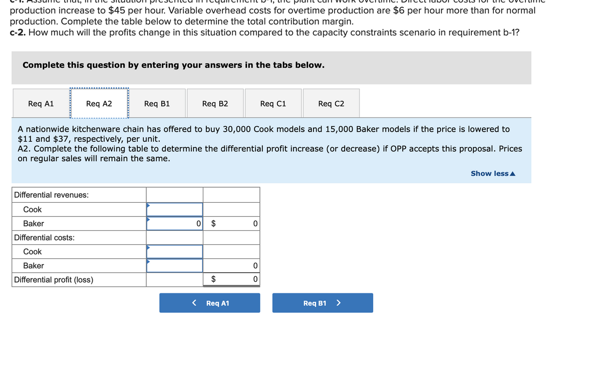 production increase to $45 per hour. Variable overhead costs for overtime production are $6 per hour more than for normal
production. Complete the table below to determine the total contribution margin.
c-2. How much will the profits change in this situation compared to the capacity constraints scenario in requirement b-1?
Complete this question by entering your answers in the tabs below.
Req A1
Reg A2
Req B1
Differential revenues:
Cook
Baker
Differential costs:
Cook
Baker
Differential profit (loss)
Req B2
A nationwide kitchenware chain has offered to buy 30,000 Cook models and 15,000 Baker models if the price is lowered to
$11 and $37, respectively, per unit.
A2. Complete the following table to determine the differential profit increase (or decrease) if OPP accepts this proposal. Prices
on regular sales will remain the same.
0 $
<
$
Req A1
0
Req C1
0
0
Req C2
Req B1
Show less A