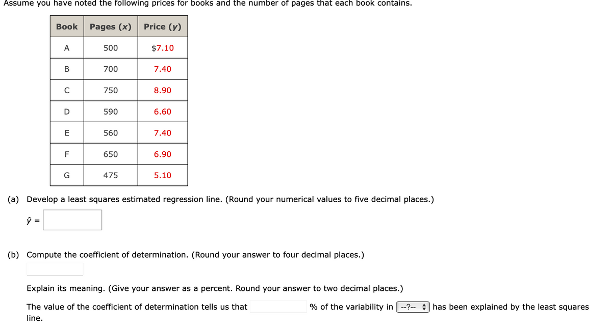 Assume you have noted the following prices for books and the number of pages that each book contains.
Book Pages (x)
ŷ
A
B
C
D
E
F
G
500
700
750
590
560
650
475
Price (y)
$7.10
7.40
8.90
6.60
7.40
6.90
5.10
(a) Develop a least squares estimated regression line. (Round your numerical values to five decimal places.)
(b) Compute the coefficient of determination. (Round your answer to four decimal places.)
Explain its meaning. (Give your answer as a percent. Round your answer to two decimal places.)
The value of the coefficient of determination tells us that
line.
% of the variability in --?--has been explained by the least squares