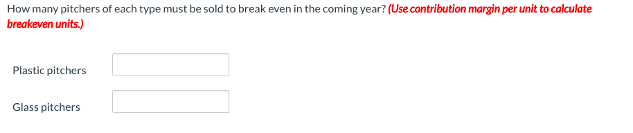 How many pitchers of each type must be sold to break even in the coming year? (Use contribution margin per unit to calculate
breakeven units.)
Plastic pitchers
Glass pitchers
