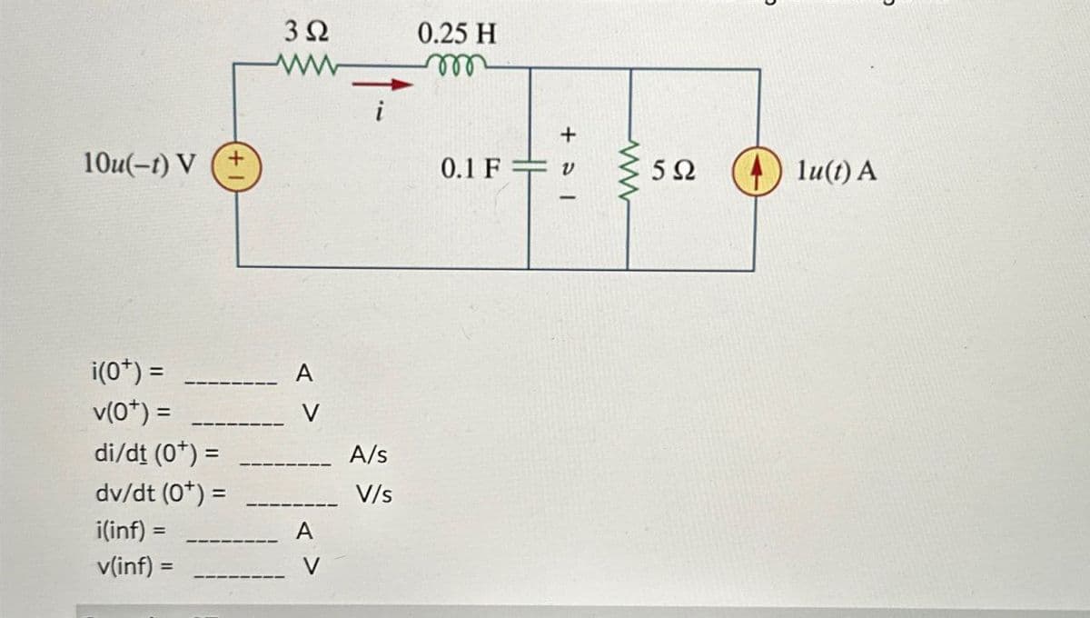 10u(-t) V
3Ω
0.25 H
m
i(0+) =
A
v(0+) =
V
di/dt (0+) =
A/s
dv/dt (0+) =
V/s
i(inf) =
A
v(inf) =
V
0.1 F =
+
ν
ww
5 Ω
lu(t) A