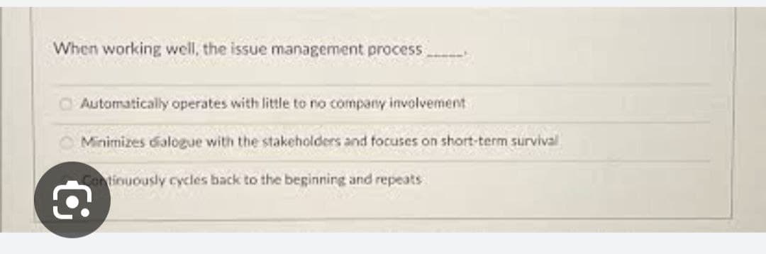 When working well, the issue management process
Automatically operates with little to no company involvement
Minimizes dialogue with the stakeholders and focuses on short-term survival
Continuously cycles back to the beginning and repeats
€