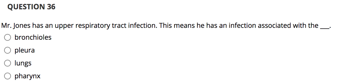 QUESTION 36
Mr. Jones has an upper respiratory tract infection. This means he has an infection associated with the
bronchioles
O pleura
O lungs
O pharynx
