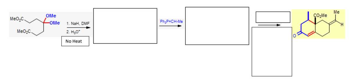 MeO₂C.
MeO₂C.
OMe
-OMe
1. NaH, DMF
2. H₂O*
No Heat
Ph₂P=CH-Me
CO₂Me
D
Me
H