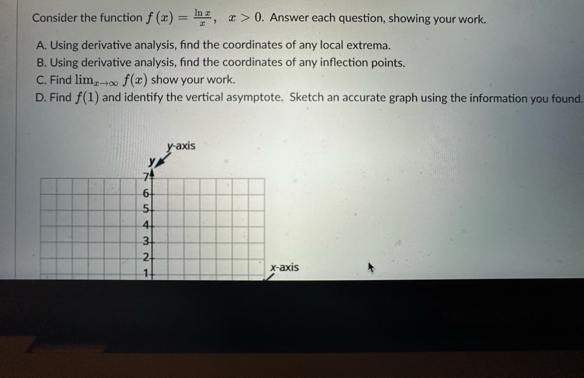 In
Consider the function f (x) = ¹, x > 0. Answer each question, showing your work.
A. Using derivative analysis, find the coordinates of any local extrema.
B. Using derivative analysis, find the coordinates of any inflection points.
C. Find limx→∞ f (x) show your work.
D. Find f(1) and identify the vertical asymptote. Sketch an accurate graph using the information you found.
6
5.
3
2
1.
y-axis
x-axis