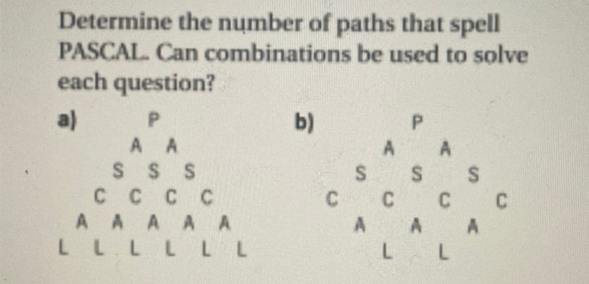 Determine the number of paths that spell
PASCAL. Can combinations be used to solve
each question?
a)
P
A A
SSS
с с с с
AAAAA
LLLLLL
b)
C
S
A
C
P
S
A
S
C C
A
LL