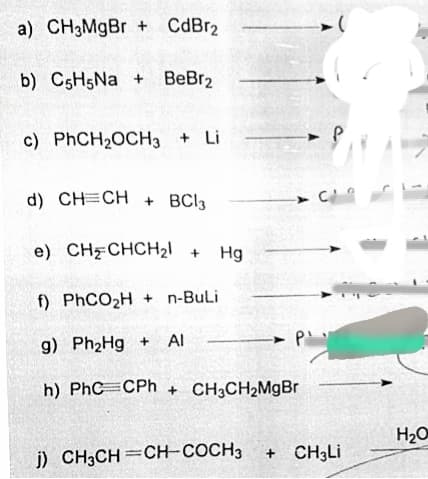 a) CH3MgBr + CdBr2
b) C5H5NA + BeBr2
c) PHCH2OCH3 + Li
d) CH=CH + BCI3
e) CH CHCH2! +
Hg
f) PHCO2H + n-BuLi
g) Ph2Hg + Al
h) PhC CPh + CH3CH2MgBr
H2O
j) CH3CH=CH-COCH3
+ CH3LI
