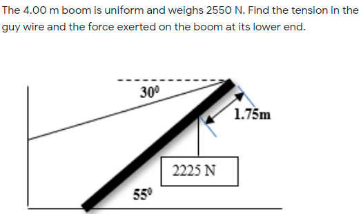 The 4.00 m boom is uniform and weighs 2550 N. Find the tension in the
guy wire and the force exerted on the boom at its lower end.
30°
1.75m
2225 N
55°

