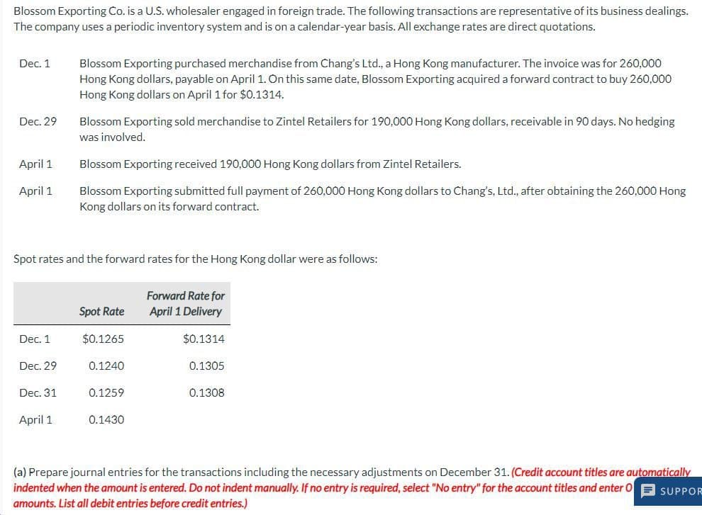 Blossom Exporting Co. is a U.S. wholesaler engaged in foreign trade. The following transactions are representative of its business dealings.
The company uses a periodic inventory system and is on a calendar-year basis. All exchange rates are direct quotations.
Dec. 1
Dec. 29
April 1
April 1
Blossom Exporting purchased merchandise from Chang's Ltd., a Hong Kong manufacturer. The invoice was for 260,000
Hong Kong dollars, payable on April 1. On this same date, Blossom Exporting acquired a forward contract to buy 260,000
Hong Kong dollars on April 1 for $0.1314.
Blossom Exporting sold merchandise to Zintel Retailers for 190,000 Hong Kong dollars, receivable in 90 days. No hedging
was involved.
Blossom Exporting received 190,000 Hong Kong dollars from Zintel Retailers.
Blossom Exporting submitted full payment of 260,000 Hong Kong dollars to Chang's, Ltd., after obtaining the 260,000 Hong
Kong dollars on its forward contract.
Spot rates and the forward rates for the Hong Kong dollar were as follows:
Forward Rate for
April 1 Delivery
Spot Rate
Dec. 1
$0.1265
$0.1314
Dec. 29
0.1240
0.1305.
Dec. 31
0.1259
0.1308
April 1
0.1430
(a) Prepare journal entries for the transactions including the necessary adjustments on December 31. (Credit account titles are automatically
indented when the amount is entered. Do not indent manually. If no entry is required, select "No entry" for the account titles and enter O SUPPOR
amounts. List all debit entries before credit entries.)