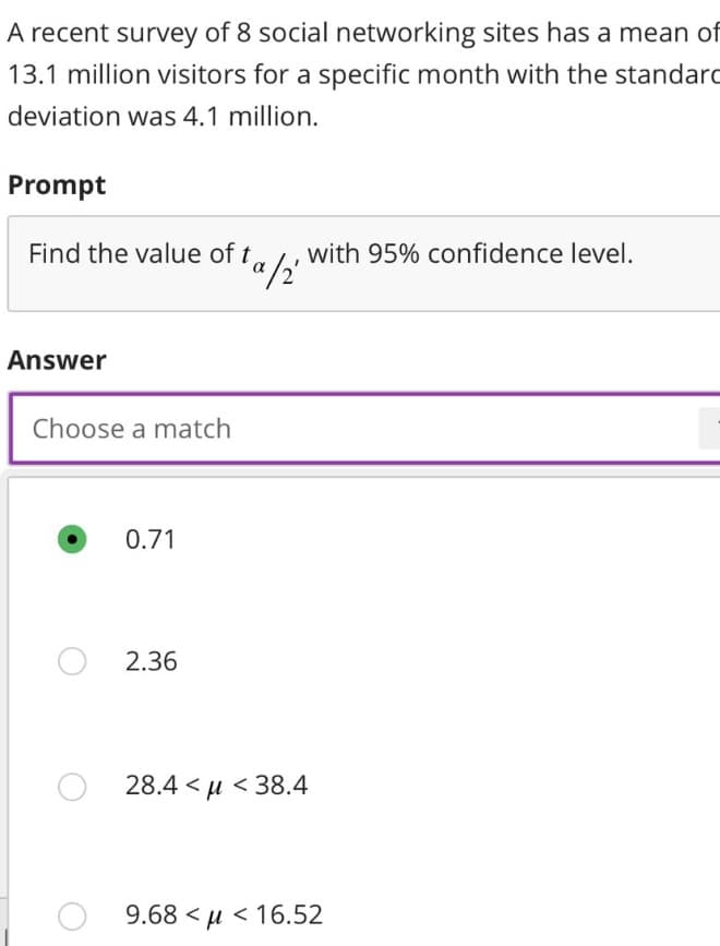 A recent survey of 8 social networking sites has a mean of
13.1 million visitors for a specific month with the standard
deviation was 4.1 million.
Prompt
Find the value of ta
Answer
Choose a match
0.71
fta/2
O2.36
with 95% confidence level.
28.4 μ< 38.4
O9.68 << 16.52
