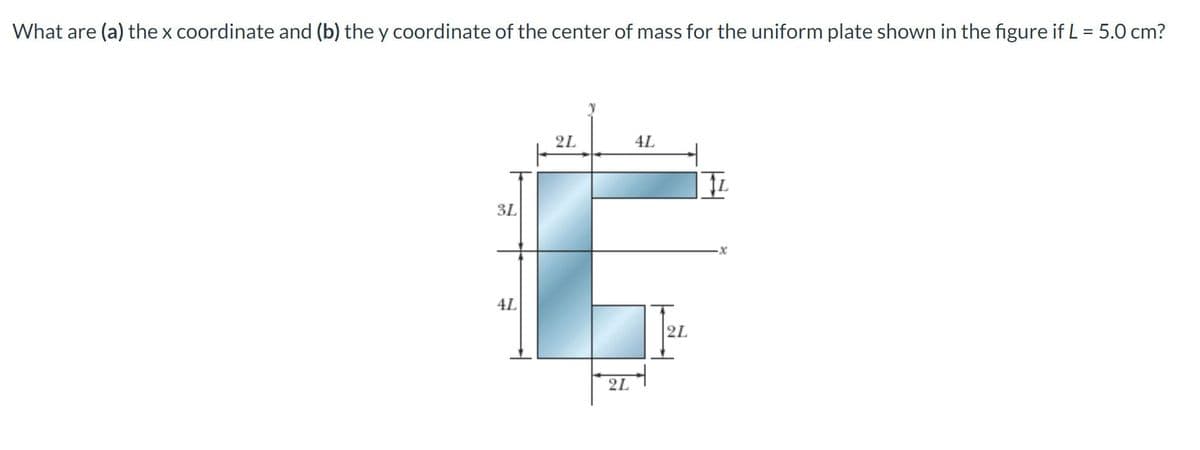 What are (a) the x coordinate and (b) the y coordinate of the center of mass for the uniform plate shown in the figure if L = 5.0 cm?
3L
4L
2L
2L
AL
T
2L
x