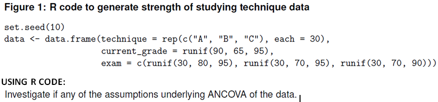 Figure 1: R code to generate strength of studying technique data
set.seed (10)
data <- data.frame(technique = rep(c("A", "B", "C"), each = 30),
current_grade = runif(90, 65, 95),
exam = c(runif(30, 80, 95), runif (30, 70, 95), runif(30, 70, 90)))
USING R CODE:
Investigate if any of the assumptions underlying ANCOVA of the data.
