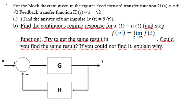1. For the block diagram given in the figure: Feed forward transfer function G (s) = s +
12 Feedback transfer function H (s) = s – v2
a) ) Find the answer of unit impulse (x (t) = 8 (t)).
b) Find the continuous regime response for x (t) = u (t) (unit step
f(0) = lim f(t)
t+00
Could
function). Try to get the same result in
you find the same result? If you could not find it, explain why.
ww
wwww nw a www ww
w ww m ww w m w m
wn w wwwww
ww
G
H
