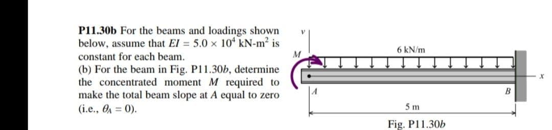 P11.30b For the beams and loadings shown
below, assume that EI= 5.0 x 104 kN-m² is
constant for each beam.
(b) For the beam in Fig. P11.30b, determine
the concentrated moment M required to
make the total beam slope at A equal to zero
(i.e., OA = 0).
V
M
6 kN/m
5 m
Fig. P11.30b
B
X