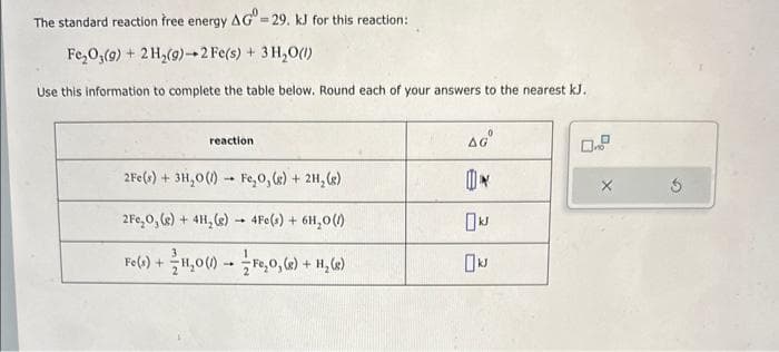 The standard reaction free energy AG-29. kJ for this reaction:
Fe₂O3(9) + 2 H₂(g)-2 Fe(s) + 3 H₂O(l)
Use this information to complete the table below. Round each of your answers to the nearest kJ.
reaction
2Fe(s) + 3H₂0 (1) Fe₂O, (g) + 2H₂(g)
2Fe₂O₂ (s) + 4H₂(g) → 4Fe(s) + 6H₂0 (1)
Fe(s) + H₂0 (1)
-
Fe₂O, (x) + H₂ (s)
46°
ON
kJ
☐kJ
5