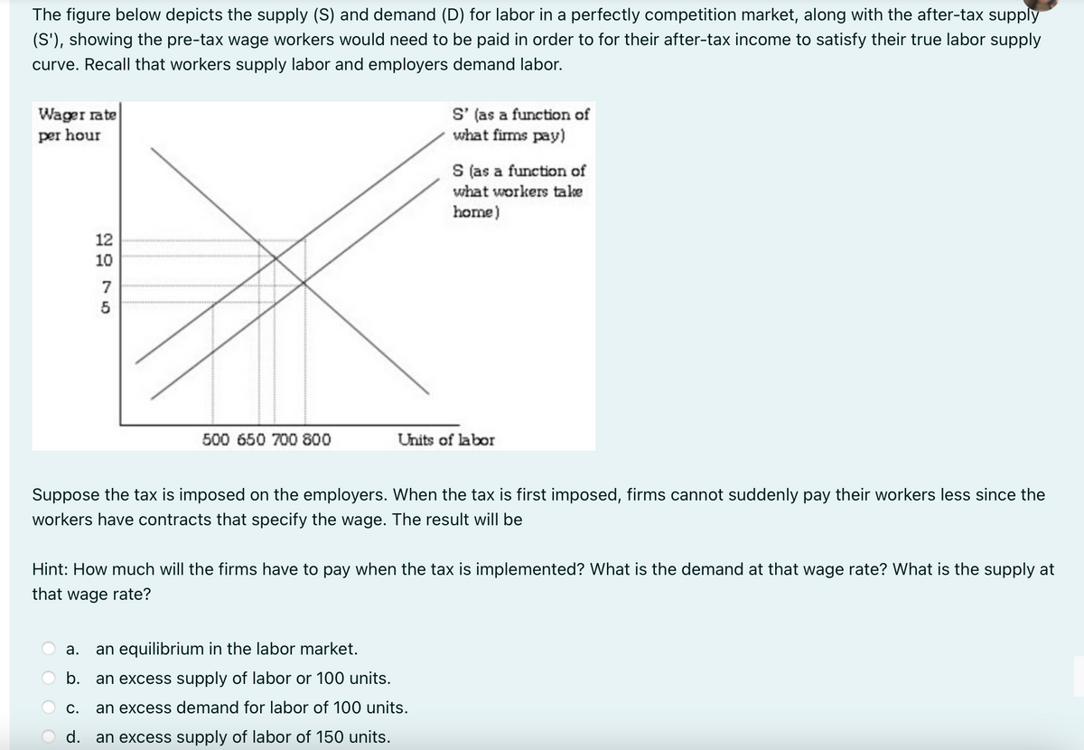 The figure below depicts the supply (S) and demand (D) for labor in a perfectly competition market, along with the after-tax supply
(S'), showing the pre-tax wage workers would need to be paid in order to for their after-tax income to satisfy their true labor supply
curve. Recall that workers supply labor and employers demand labor.
Wager rate
per hour
12
2075
10
C.
d.
500 650 700 800
S' (as a function of
what firms pay)
S (as a function of
what workers take
home)
Units of labor
Suppose the tax is imposed on the employers. When the tax is first imposed, firms cannot suddenly pay their workers less since the
workers have contracts that specify the wage. The result will be
a.
an equilibrium in the labor market.
b. an excess supply of labor or 100 units.
an excess demand for labor of 100 units.
an excess supply of labor of 150 units.
Hint: How much will the firms have to pay when the tax is implemented? What is the demand at that wage rate? What is the supply at
that wage rate?