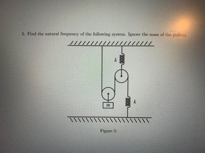 5. Find the natural frequency of the following system. Ignore the mass of the pulleys.
k
k
m
Figure 5:
