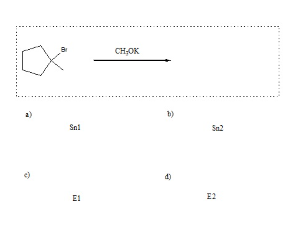 Br
CH;OK
a)
b)
Snl
Sn2
c)
d)
E1
E2
