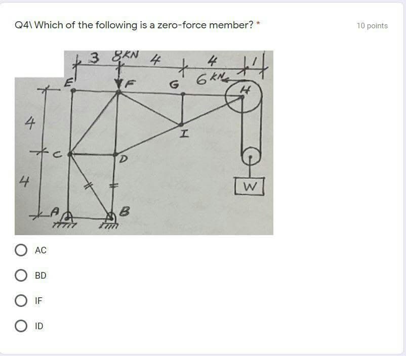 Q4\ Which of the following is a zero-force member?
3 8KN 4
G
4
エ
子c
D.
4
B
AC
BD
IF
ID
