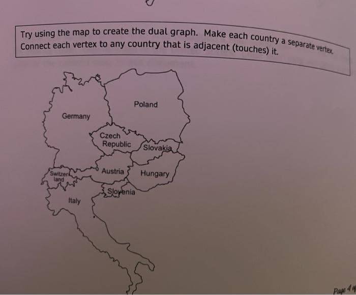 Try using the map to create the dual graph. Make each country a separate vertex.
Connect each vertex to any country that is adjacent (touches) it.
Poland
Germany
Czech
Republic
Slovakia
Austria
Hungary
Switzerk
land
Slovenia
Italy
44
Poge
