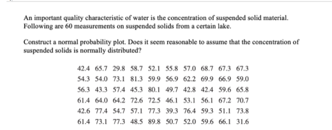 An important quality characteristic of water is the concentration of suspended solid material.
Following are 60 measurements on suspended solids from a certain lake.
Construct a normal probability plot. Does it seem reasonable to assume that the concentration of
suspended solids is normally distributed?
42.4 65.7 29.8 58.7 52.1 55.8 57.0 68.7 67.3 67.3
54.3 54.0 73.1 81.3 59.9 56.9 62.2 69.9 66.9 59.0
56.3 43.3 57.4 45.3 80.1 49.7 42.8 42.4 59.6 65.8
61.4 64.0 64.2 72.6 72.5 46.1 53.1 56.1 67.2 70.7
42.6 77.4 54.7 57.1 77.3 39.3 76.4 59.3 51.1 73.8
61.4 73.1 77.3 48.5 89.8 50.7 52.0 59.6 66.1 31.6
