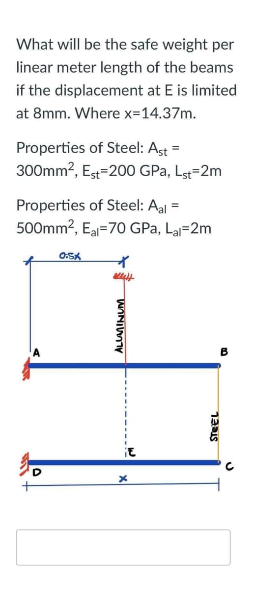 What will be the safe weight per
linear meter length of the beams
if the displacement at E is limited
at 8mm. Where x=14.37m.
=
Properties of Steel: Ast
300mm², Est-200 GPa, Lst=2m
=
Properties of Steel: Aal
500mm², Eal-70 GPa, Lal=2m
0:5X
Whit
ALUMINUM
x
STEEL
с