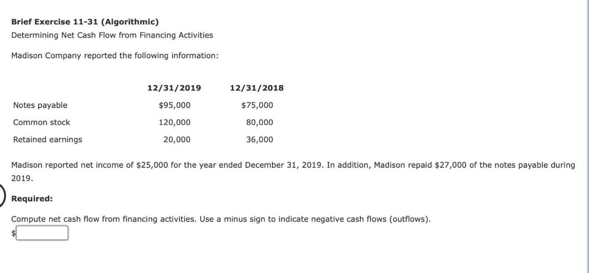 Brief Exercise 11-31 (Algorithmic)
Determining Net Cash Flow from Financing Activities
Madison Company reported the following information:
Notes payable
Common stock
Retained earnings
12/31/2019
12/31/2018
$95,000
$75,000
120,000
20,000
80,000
36,000
Madison reported net income of $25,000 for the year ended December 31, 2019. In addition, Madison repaid $27,000 of the notes payable during
2019.
Required:
Compute net cash flow from financing activities. Use a minus sign to indicate negative cash flows (outflows).