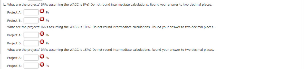 b. What are the projects' IRRS assuming the WACC is 5%? Do not round intermediate calculations. Round your answer to two decimal places.
Project A:
%
Project B:
What are the projects' IRRS assuming the WACC is 10%? Do not round intermediate calculations. Round your answer to two decimal places.
Project A:
Project B:
What are the projects' IRRS assuming the WACC is 15%? Do not round intermediate calculations. Round your answer to two decimal places.
Project A:
Project B:
%
%
%
%
%