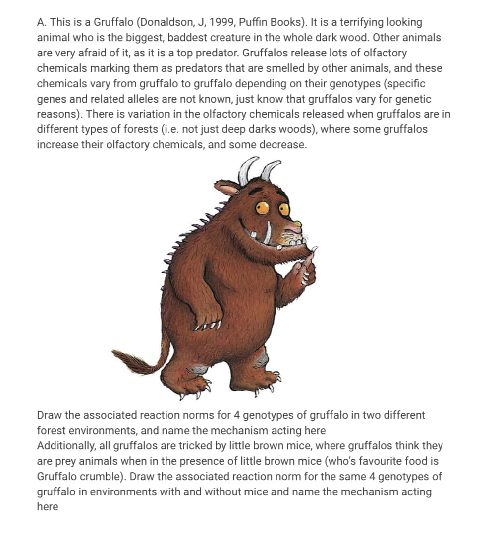 A. This is a Gruffalo (Donaldson, J, 1999, Puffin Books). It is a terrifying looking
animal who is the biggest, baddest creature in the whole dark wood. Other animals
are very afraid of it, as it is a top predator. Gruffalos release lots of olfactory
chemicals marking them as predators that are smelled by other animals, and these
chemicals vary from gruffalo to gruffalo depending on their genotypes (specific
genes and related alleles are not known, just know that gruffalos vary for genetic
reasons). There is variation in the olfactory chemicals released when gruffalos are in
different types of forests (i.e. not just deep darks woods), where some gruffalos
increase their olfactory chemicals, and some decrease.
Draw the associated reaction norms for 4 genotypes of gruffalo in two different
forest environments, and name the mechanism acting here
Additionally, all gruffalos are tricked by little brown mice, where gruffalos think they
are prey animals when in the presence of little brown mice (who's favourite food is
Gruffalo crumble). Draw the associated reaction norm for the same 4 genotypes of
gruffalo in environments with and without mice and name the mechanism acting
here