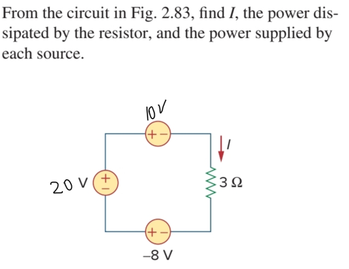 From the circuit in Fig. 2.83, find I, the power dis-
sipated by the resistor, and the power supplied by
each source.
1ov
+)
20V(+
+
-8 V
