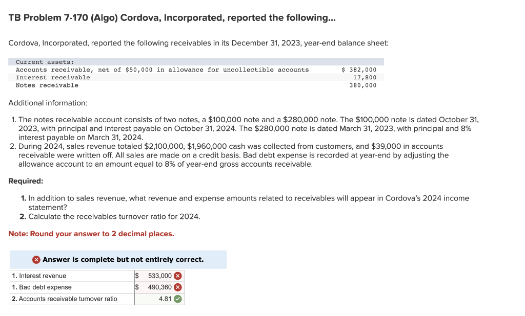 TB Problem 7-170 (Algo) Cordova, Incorporated, reported the following...
Cordova, Incorporated, reported the following receivables in its December 31, 2023, year-end balance sheet:
Current assets:
Accounts receivable, net of $50,000 in allowance for uncollectible accounts
Interest receivable
Notes receivable
Additional information:
1. The notes receivable account consists of two notes, a $100,000 note and a $280,000 note. The $100,000 note is dated October 31,
2023, with principal and interest payable on October 31, 2024. The $280,000 note is dated March 31, 2023, with principal and 8%
interest payable on March 31, 2024.
2. During 2024, sales revenue totaled $2,100,000, $1,960,000 cash was collected from customers, and $39,000 in accounts
receivable were written off. All sales are made on a credit basis. Bad debt expense is recorded at year-end by adjusting the
allowance account to an amount equal to 8% of year-end gross accounts receivable.
Required:
1. In addition to sales revenue, what revenue and expense amounts related to receivables will appear in Cordova's 2024 income
statement?
2. Calculate the receivables turnover ratio for 2024.
Note: Round your answer to 2 decimal places.
> Answer is complete but not entirely correct.
$ 533,000 x
$
490,360 x
$ 382,000
17,800
380,000
1. Interest revenue
1. Bad debt expense
2. Accounts receivable turnover ratio
4.81✔
