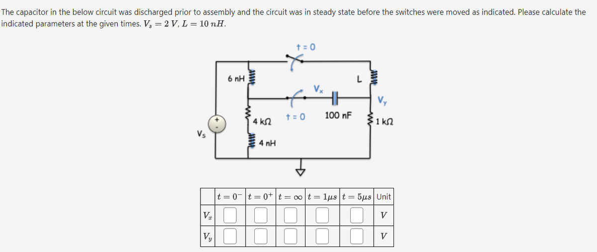 The capacitor in the below circuit was discharged prior to assembly and the circuit was in steady state before the switches were moved as indicated. Please calculate the
indicated parameters at the given times. V₂ = 2 V, L = 10 nH.
† = 0
6 пн
L
Vx
Vy
† = 0
100 nF
4 ΚΩ
ΣΙΚΩ
1 k
Vs
Vx
V₁
4 nH
↓
|t0|t=0+ t = ∞ot = 1μst = 5μs Unit
V
V