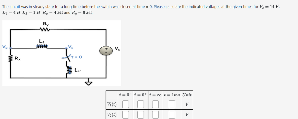 The circuit was in steady state for a long time before the switch was closed at time = 0. Please calculate the indicated voltages at the given times for V₂ = 14 V,
L₁ = 4H, L2 = 1 H, R₂ = 4k and R₁ = 6 kn;
Vz
Rx
Ry
w
L₁
AME
V₁
+ = O
Lz
H
V₁
|t=0|t=0+ t = ∞ | t = 1ms | Unit
Vi(t)
V₂(t)
V
V