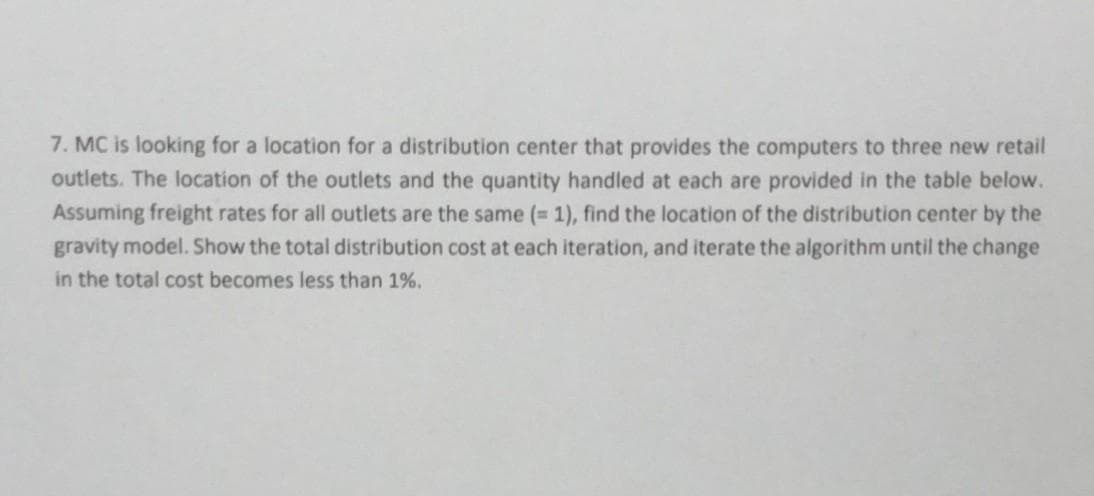 7. MC is looking for a location for a distribution center that provides the computers to three new retail
outlets. The location of the outlets and the quantity handled at each are provided in the table below.
Assuming freight rates for all outlets are the same (= 1), find the location of the distribution center by the
gravity model. Show the total distribution cost at each iteration, and iterate the algorithm until the change
in the total cost becomes less than 1%.