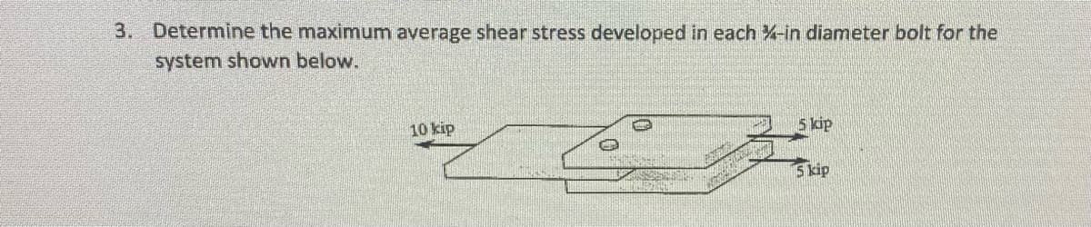 3. Determine the maximum average shear stress developed in each -in diameter bolt for the
system shown below.
10 kip
5 kip
5 kip
