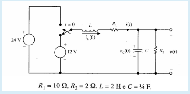 1 = (0
L
R
i(1)
i, (0)
24 V
12
R v(t)
10 2, R, = 2 Q, L = 2 H e C = ¼ F,
%3D
