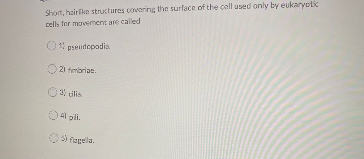Short, hairlike structures covering the surface of the cell used only by eukaryotic
cells for movement are called
O 1) pseudopodia.
O 2) fimbriae.
O 3) cilia.
O 4) pili.
O 5) flagella.
