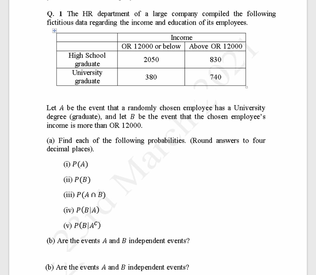 Q. 1 The HR department of a large company compiled the following
fictitious data regarding the income and education of its employees.
Income
OR 12000 or below
Above OR 12000
High School
graduate
University
graduate
2050
830
380
740
Let A be the event that a randomly chosen employee has a University
degree (graduate), and let B be the event that the chosen employee's
income is more than OR 12000.
(a) Find each of the following probabilities. (Round answers to four
decimal places).
() Р(4)
Mara
(ii) P (B)
(iii) P(An B)
(iv) P(B|A)
(v) P(B|A^)
(b) Are the events A and B independent events?
(b) Are the events A and B independent events?
