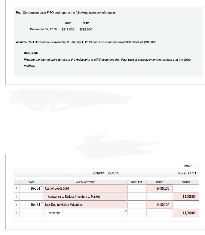 Paul Corporation uses FIFO and reports the following inventory information:
Cost
NRV
December 31, 2019 $312,000
$298,000
Assume Paul Corporation's inventory at January 1, 2019 had a cost and net realizable value of $300,000.
Required:
Prepare the journal entry to record the reductions to NRV assuming that Paul uses a periodic inventory system and the direct
method.
GENERAL JOURNAL
DATE
ACCOUNT TITLE
1
Dec. 31
Cost of Goods Sold
2
Allowance to Reduce Inventory to Market
3
Dec. 31 Loss Due to Market Valuation
Inventory
PAGE 1
Score: 23/51
POST. REF.
DEBIT
CREDIT
14,000.00
14,000.00
14,000.00
14,000.00