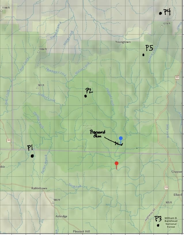 oble
1144 ft
Bear Ock
Pi
1084 ft
Branc
Now bron Crock
A
981 ft
Dedford Creek
Parker anch
Rabbittown
980 ft
Ashridge
Sorth F
Pleasant Hill
Milan cek
Mallor Creek
P2
f.
Wilderness
Sipsey
Proposed
cam
Youngtown
Highway 33
P3
P5
905 ft
William B.
Bankhead
National
Forest
Grayson
Ellavil
•P4
1074 ft