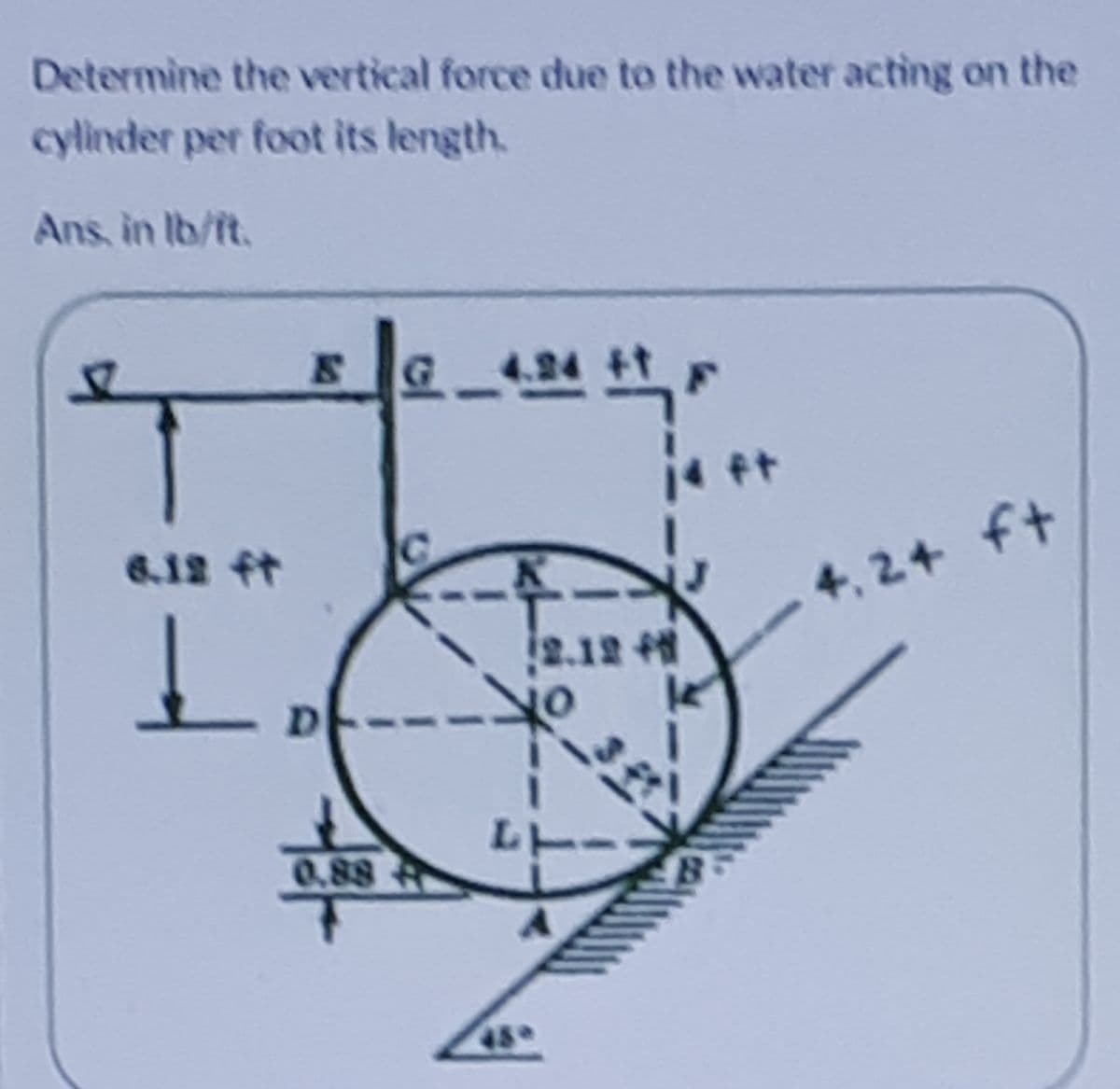 Determine the vertical force due to the water acting on the
cylinder per foot its length.
Ans, in Ib/ft.
4.24 ttF
ft
6.12 ft
4.24 ft
Lo
2.12
LT
0.88 R
45
of
