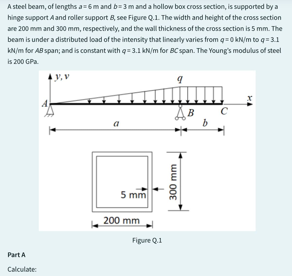 A steel beam, of lengths a= 6 m and b= 3 m and a hollow box cross section, is supported by a
hinge support A and roller support B, see Figure Q.1. The width and height of the cross section
are 200 mm and 300 mm, respectively, and the wall thickness of the cross section is 5 mm. The
beam is under a distributed load of the intensity that linearly varies from q = 0 kN/m to q = 3.1
kN/m for AB span; and is constant with q= 3.1 kN/m for BC span. The Young's modulus of steel
is 200 GPa.
Part A
Calculate:
A
y, v
a
5 mm
200 mm
Figure Q.1
9
S B
300 mm
b
с
X