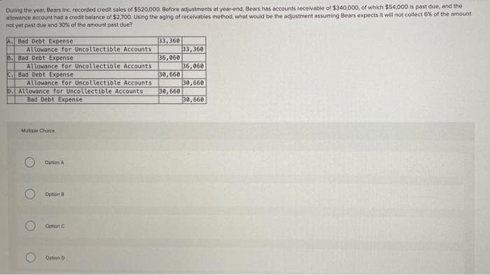 During the year, Bears inc. recorded credit sales of $520,000. Before adjustments at year-end, Bears has accounts receivable of $340,000, of which $54,000 is past due, and the
allowance account had a credit balance of $2,700. Using the aging of receivables method, what would be the adjustment assuming Bears expects it will not collect 6% of the amount
not yet past due and 30% of the amount past due?
A. Bad Debt Expense
Allowance for Uncollectible Accounts
B. Bad Debt Expense
Allowance for Uncollectible Accounts
C. Bad Debt Expense
Allowance for Uncollectible Accounts
Multiple Choice
D. Allowance for Uncollectible Accounts 30,660
Bad Debt Expense
O
Option A
Option
Option C
33,360
Option D
36,060
30,660
33,360
36,060
30,660
30,660