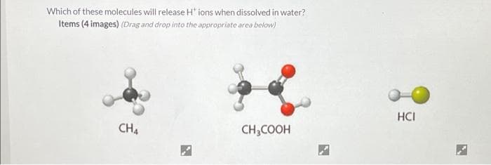 Which of these molecules will release H ions when dissolved in water?
Items (4 images) (Drag and drop into the appropriate area below)
CH4
CH3COOH
HCI