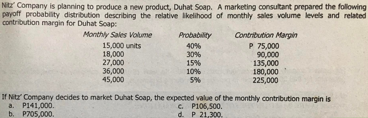 Nitz' Company is planning to produce a new product, Duhat Soap. A marketing consultant prepared the following
payoff probability distribution describing the relative likelihood of monthly sales volume levels and related
contribution margin for Duhat Soap:
Monthly Sales Volume
15,000 units
18,000
27,000
36,000
45,000
Probability
40%
30%
15%
10%
5%
Contribution Margin
P 75,000
90,000
135,000
180,000
225,000
If Nitz' Company decides to market Duhat Soap, the expected value of the monthly contribution margin is
a. P141,000.
C.
P106,500.
d. P 21,300.
b. P705,000.
