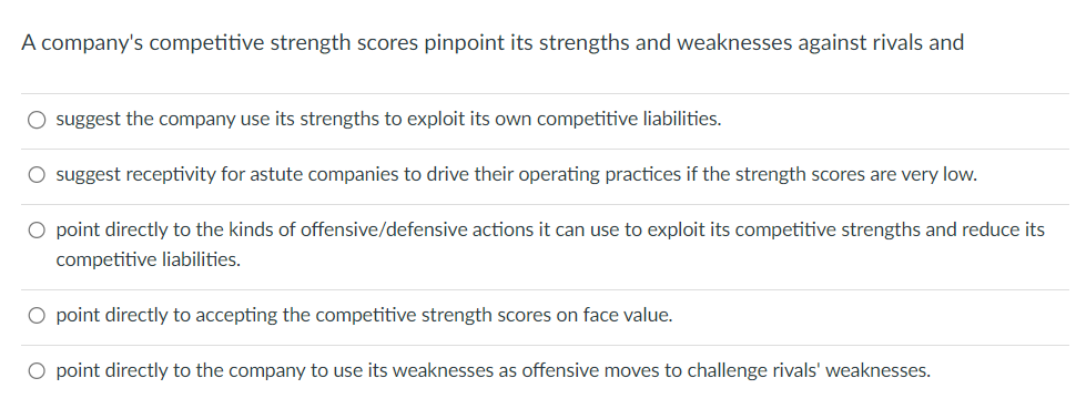 A company's competitive strength scores pinpoint its strengths and weaknesses against rivals and
○ suggest the company use its strengths to exploit its own competitive liabilities.
○ suggest receptivity for astute companies to drive their operating practices if the strength scores are very low.
○ point directly to the kinds of offensive/defensive actions it can use to exploit its competitive strengths and reduce its
competitive liabilities.
○ point directly to accepting the competitive strength scores on face value.
○ point directly to the company to use its weaknesses as offensive moves to challenge rivals' weaknesses.