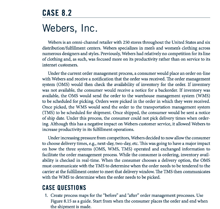 CASE 8.2
Webers, Inc.
Webers is an omni-channel retailer with 250 stores throughout the United States and six
distribution/fulfillment centers. Webers specializes in men's and women's clothing across
numerous designers and styles. Previously, Webers had relatively no competition for its line
of clothing and, as such, was focused more on its productivity rather than on service to its
internet customers.
Under the current order management process, a consumer would place an order on-line
with Webers and receive a notification that the order was received. The order management
system (OMS) would then check the availability of inventory for the order. If inventory
was not available, the consumer would receive a notice for a backorder. If inventory was
available, the OMS would send the order to the warehouse management system (WMS)
to be scheduled for picking. Orders were picked in the order in which they were received.
Once picked, the WMS would send the order to the transportation management system
(TMS) to be scheduled for shipment. Once shipped, the consumer would be sent a notice
of ship date. Under this process, the consumer could not pick delivery times when order-
ing. Although this has a negative impact on Webers customer service, it allowed Webers to
increase productivity in its fulfillment operations.
Under increasing pressure from competitors, Webers decided to now allow the consumer
to choose delivery times, e.g., next-day, two-day, etc. This was going to have a major impact
on how the three systems (OMS, WMS, TMS) operated and exchanged information to
facilitate the order management process. While the consumer is ordering, inventory avail-
ability is checked in real-time. When the consumer chooses a delivery option, the OMS
must communicate with the TMS to determine when the order needs to be tendered to the
carrier at the fulfillment center to meet that delivery window. The TMS then communicates
with the WMS to determine when the order needs to be picked.
CASE QUESTIONS
1. Create process maps for the "before" and "after" order management processes. Use
Figure 8.15 as a guide. Start from when the consumer places the order and end when
the shipment is made.