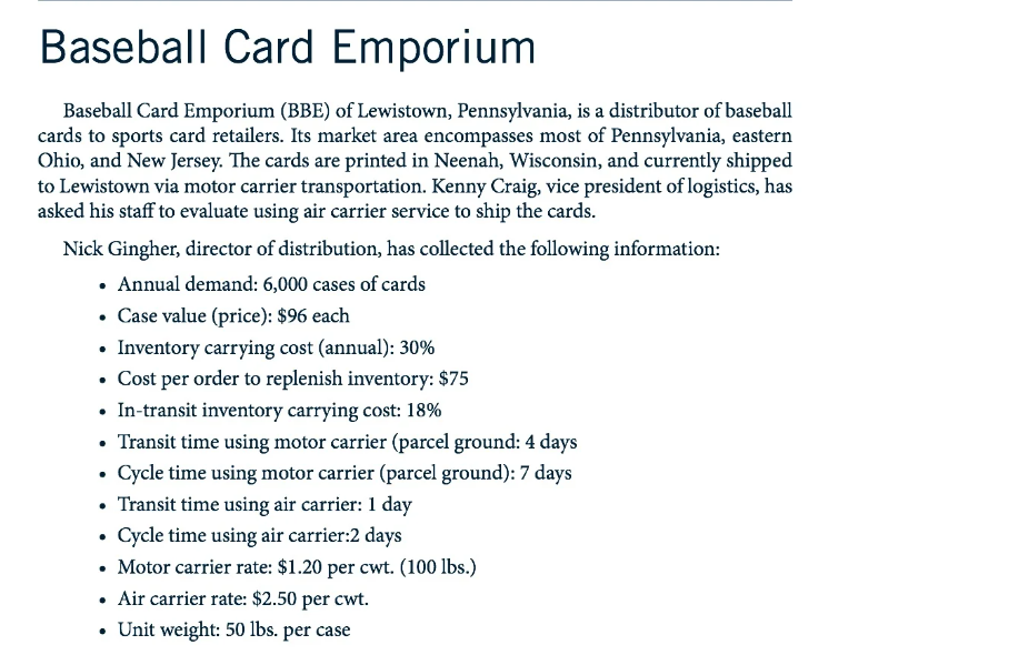 Baseball Card Emporium.
Baseball Card Emporium (BBE) of Lewistown, Pennsylvania, is a distributor of baseball
cards to sports card retailers. Its market area encompasses most of Pennsylvania, eastern
Ohio, and New Jersey. The cards are printed in Neenah, Wisconsin, and currently shipped
to Lewistown via motor carrier transportation. Kenny Craig, vice president of logistics, has
asked his staff to evaluate using air carrier service to ship the cards.
Nick Gingher, director of distribution, has collected the following information:
• Annual demand: 6,000 cases of cards
• Case value (price): $96 each
• Inventory carrying cost (annual): 30%
• Cost per order to replenish inventory: $75
In-transit inventory carrying cost: 18%
⚫ Transit time using motor carrier (parcel ground: 4 days
⚫ Cycle time using motor carrier (parcel ground): 7 days
⚫ Transit time using air carrier: 1 day
Cycle time using air carrier:2 days
• Motor carrier rate: $1.20 per cwt. (100 lbs.)
⚫ Air carrier rate: $2.50 per cwt.
⚫ Unit weight: 50 lbs. per case